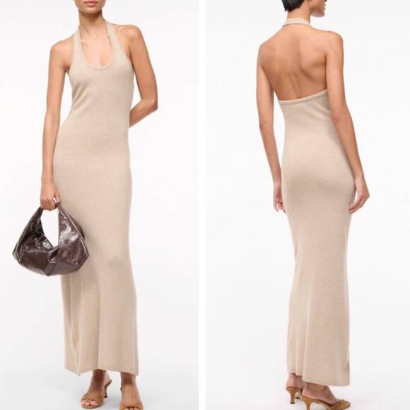 NEW STAUD Canela Cashmere Maxi Dress - Stone Tan Beige Quiet Lux
